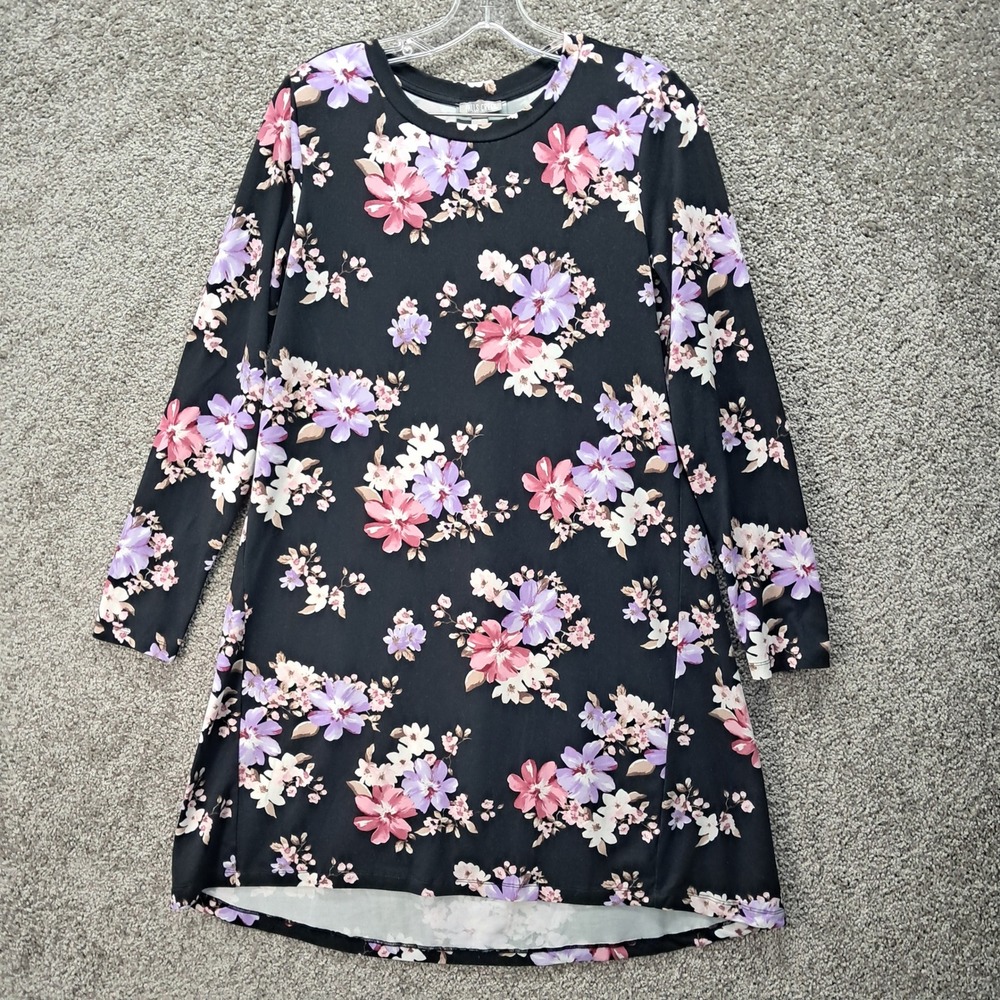 Falls Creek Womens Floral Long Sleeve Shift Dress Black Pink Purple Size S